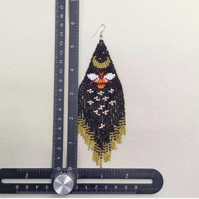 Celestial moth fringe earrings, moon phase boho earrings, beaded statement earrings, witch jewelry, long seed bead earrings, bee, moon