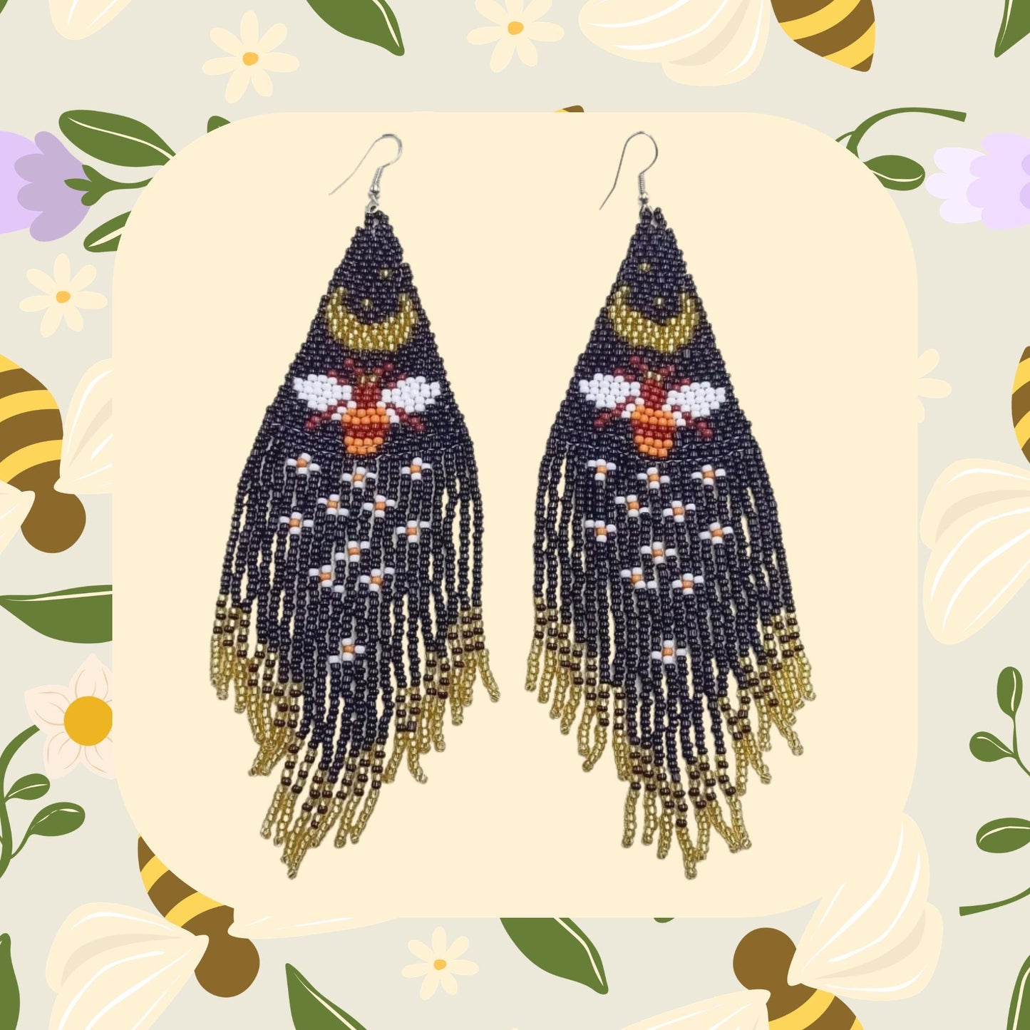 Celestial moth fringe earrings, moon phase boho earrings, beaded statement earrings, witch jewelry, long seed bead earrings, bee, moon