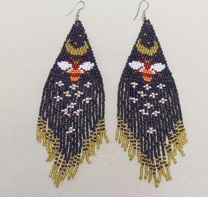 Celestial moth fringe earrings, moon phase boho earrings, beaded statement earrings, witch jewelry, long seed bead earrings, bee, moon