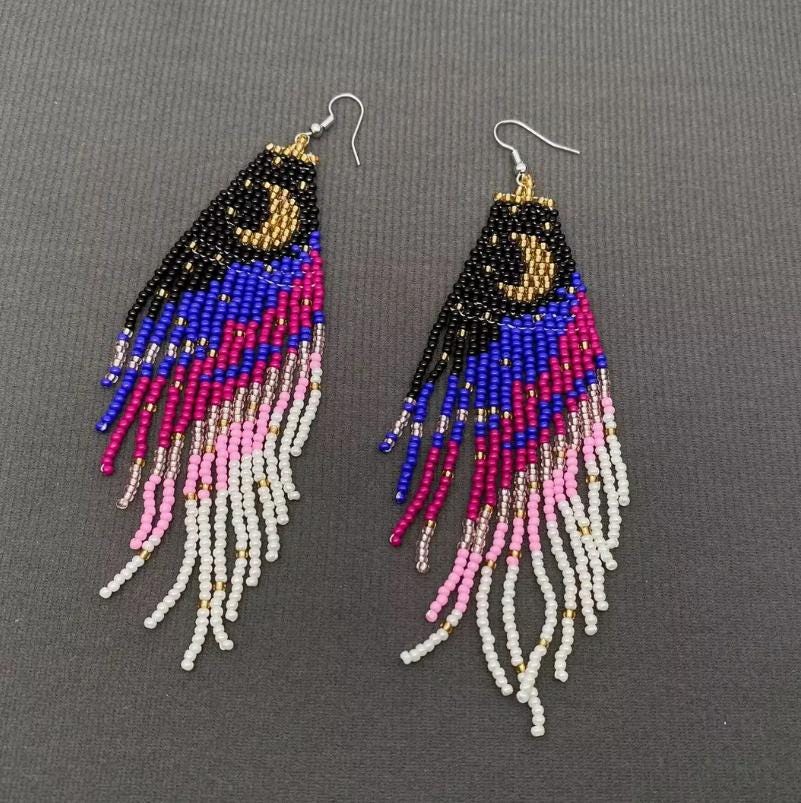 Colorful seed bead fringe earrings, boho statement earrings, long beaded fringe, festival jewelry, hippie, gift for her