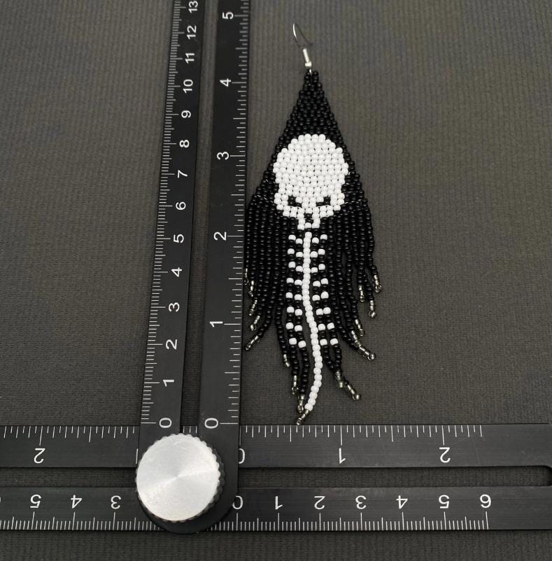 Skull seed bead fringe earrings, goth statement earrings, black and white beaded earrings, long fringe, Halloween jewelry, gift for her