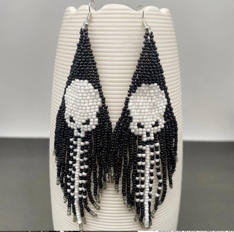 Skull seed bead fringe earrings, goth statement earrings, black and white beaded earrings, long fringe, Halloween jewelry, gift for her