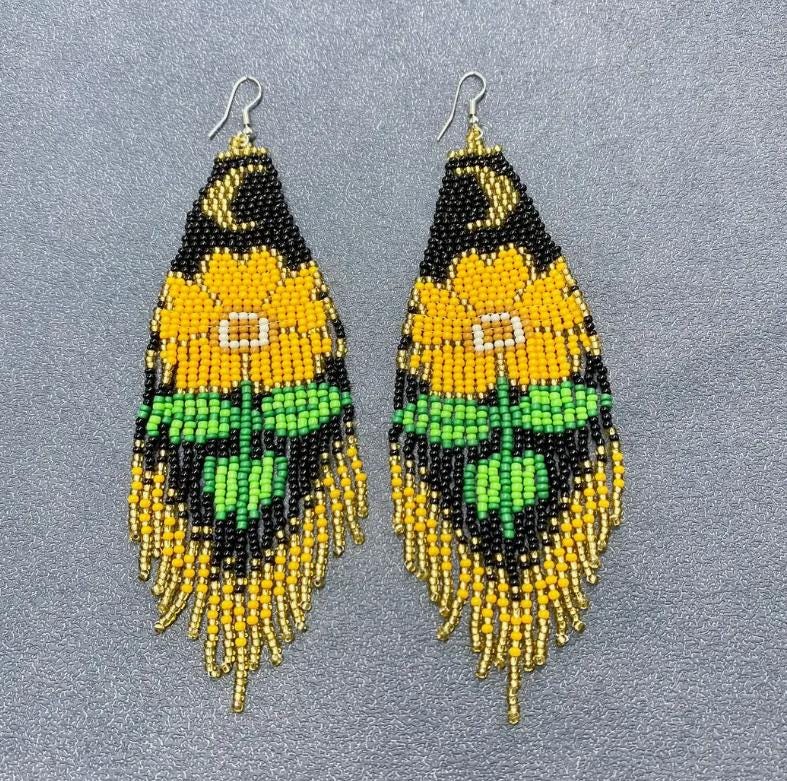 floral seed bead fringe earrings, boho statement earrings, sunflower inspired jewelry, long beaded earrings, nature jewelry, gift for her