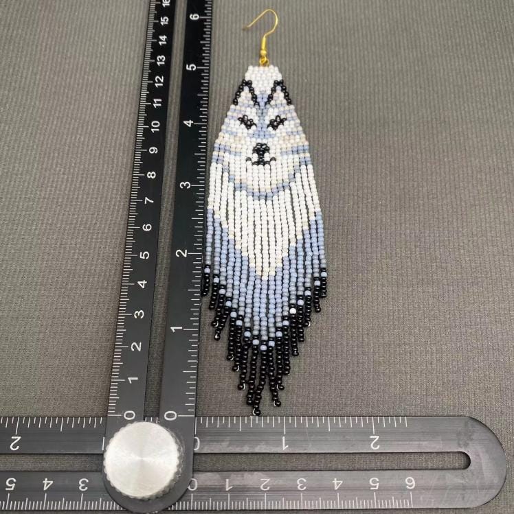 Wolf seed bead fringe earrings, boho, statement earrings, long beaded fringe, western jewelry, animal spirit, gift for her