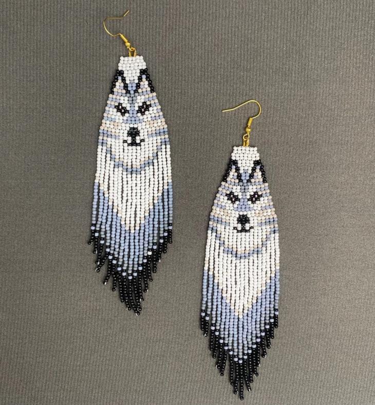 Wolf seed bead fringe earrings, boho, statement earrings, long beaded fringe, western jewelry, animal spirit, gift for her