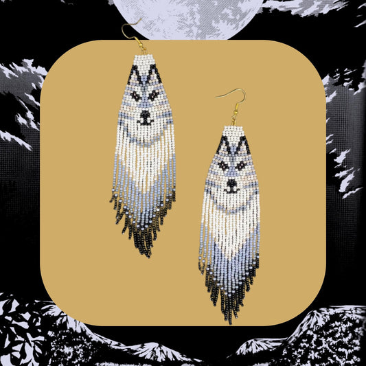 Wolf seed bead fringe earrings, boho, statement earrings, long beaded fringe, western jewelry, animal spirit, gift for her