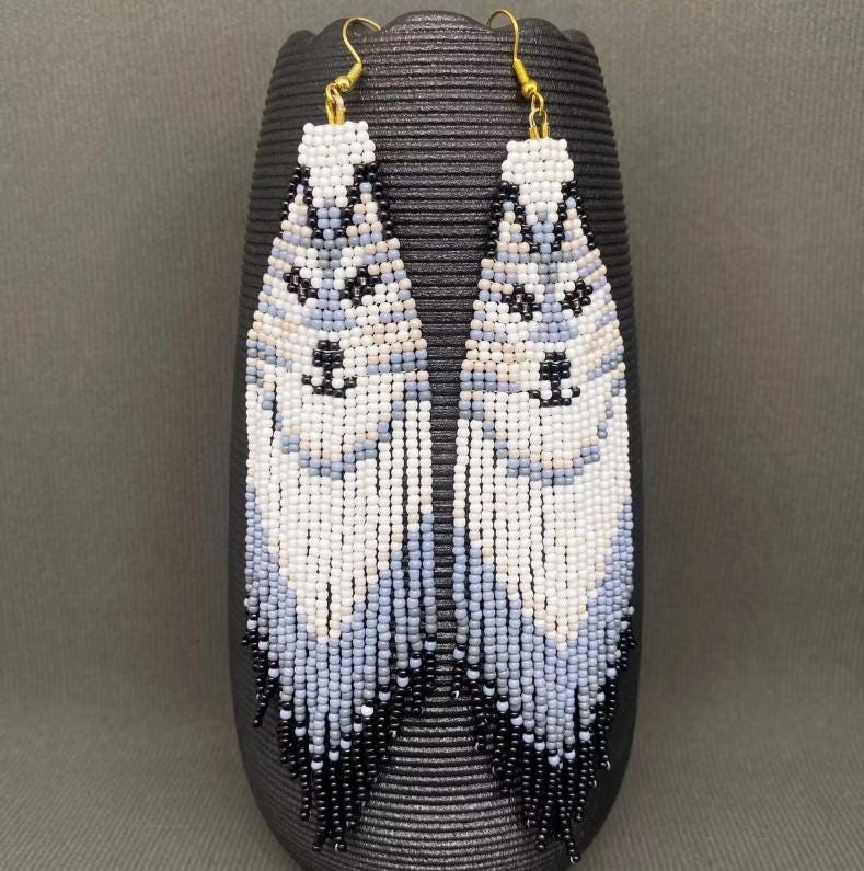 Wolf seed bead fringe earrings, boho, statement earrings, long beaded fringe, western jewelry, animal spirit, gift for her