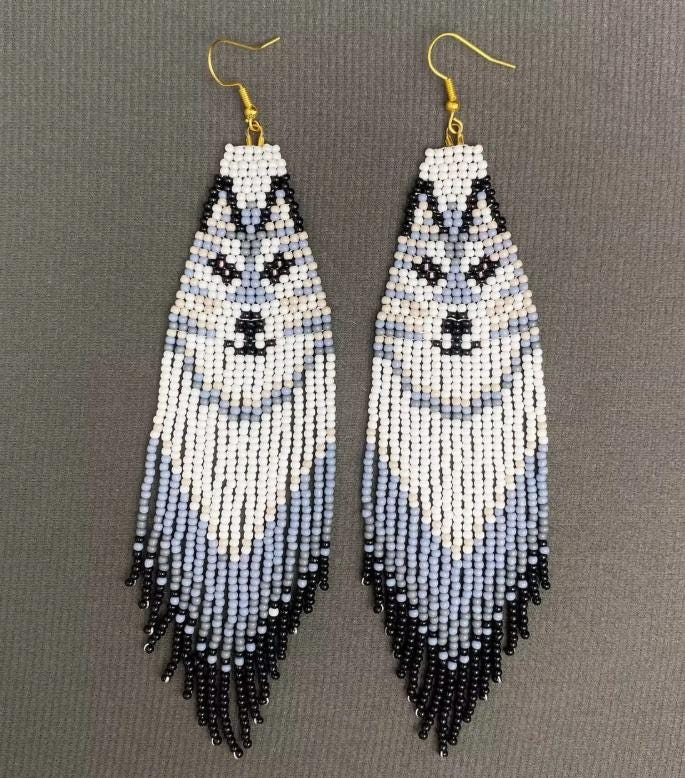 Wolf seed bead fringe earrings, boho, statement earrings, long beaded fringe, western jewelry, animal spirit, gift for her