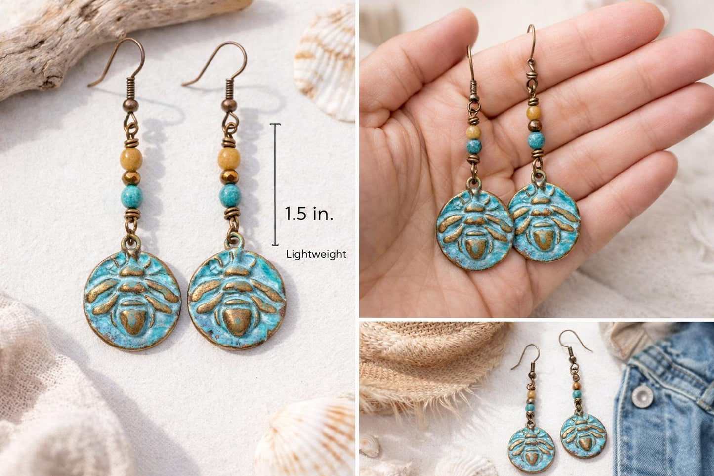 Turquoise Bee Earrings, Boho Dangle Earrings, Rustic Patina Brass Jewelry, Coastal Hippie Earrings, Artisan Gift for Her, Beachy Jewelry