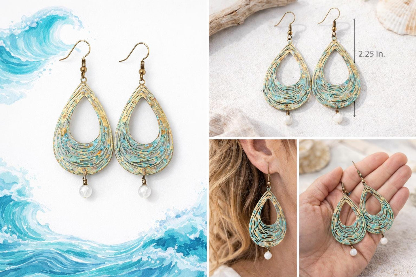 Turquoise Patina Teardrop Earrings, Brass Boho Dangle Earrings with Moonstone, Coastal Statement Earrings, Beachy Hippie Jewelry Gift for He
