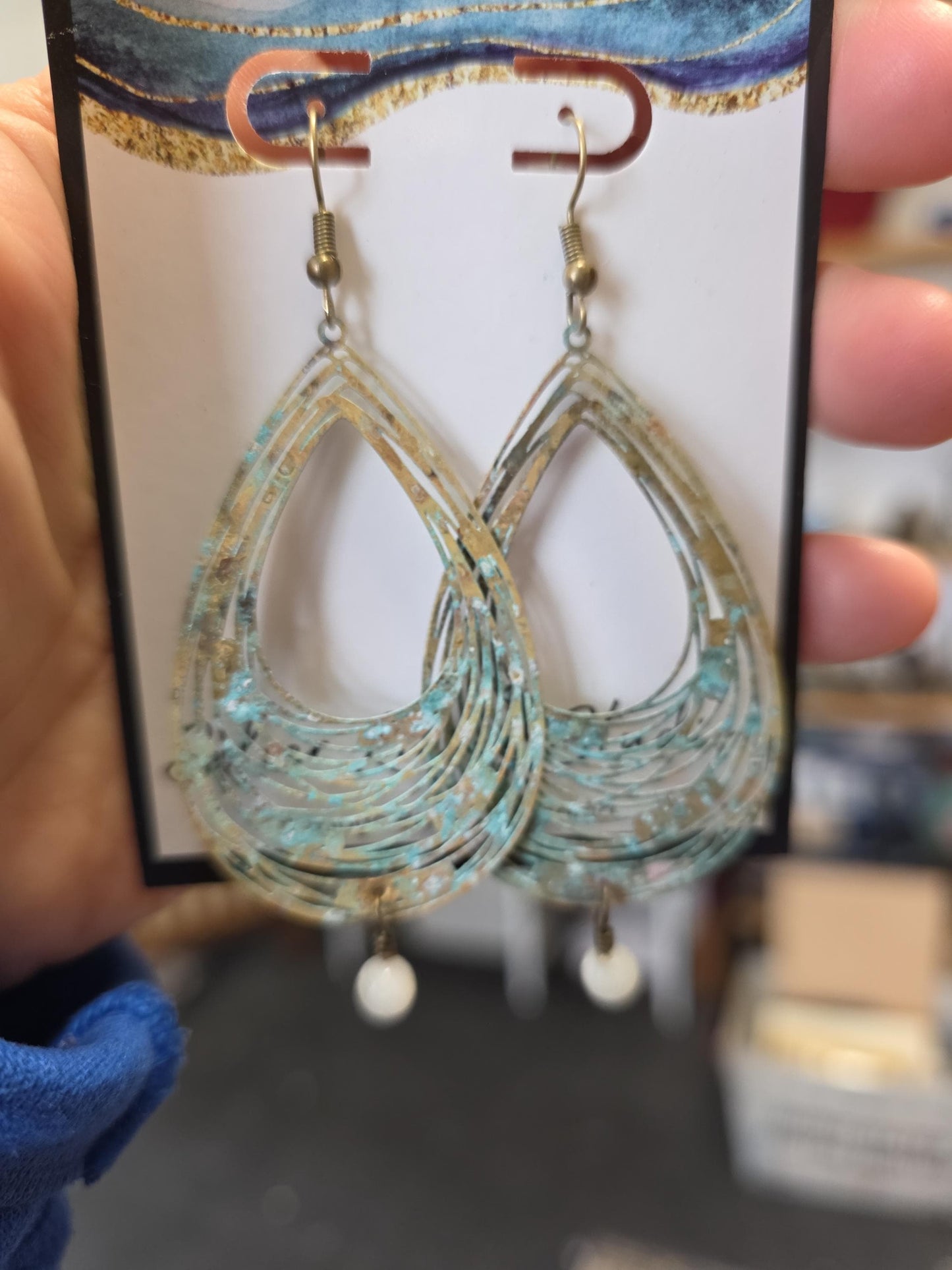 Turquoise Patina Teardrop Earrings, Brass Boho Dangle Earrings with Moonstone, Coastal Statement Earrings, Beachy Hippie Jewelry Gift for He
