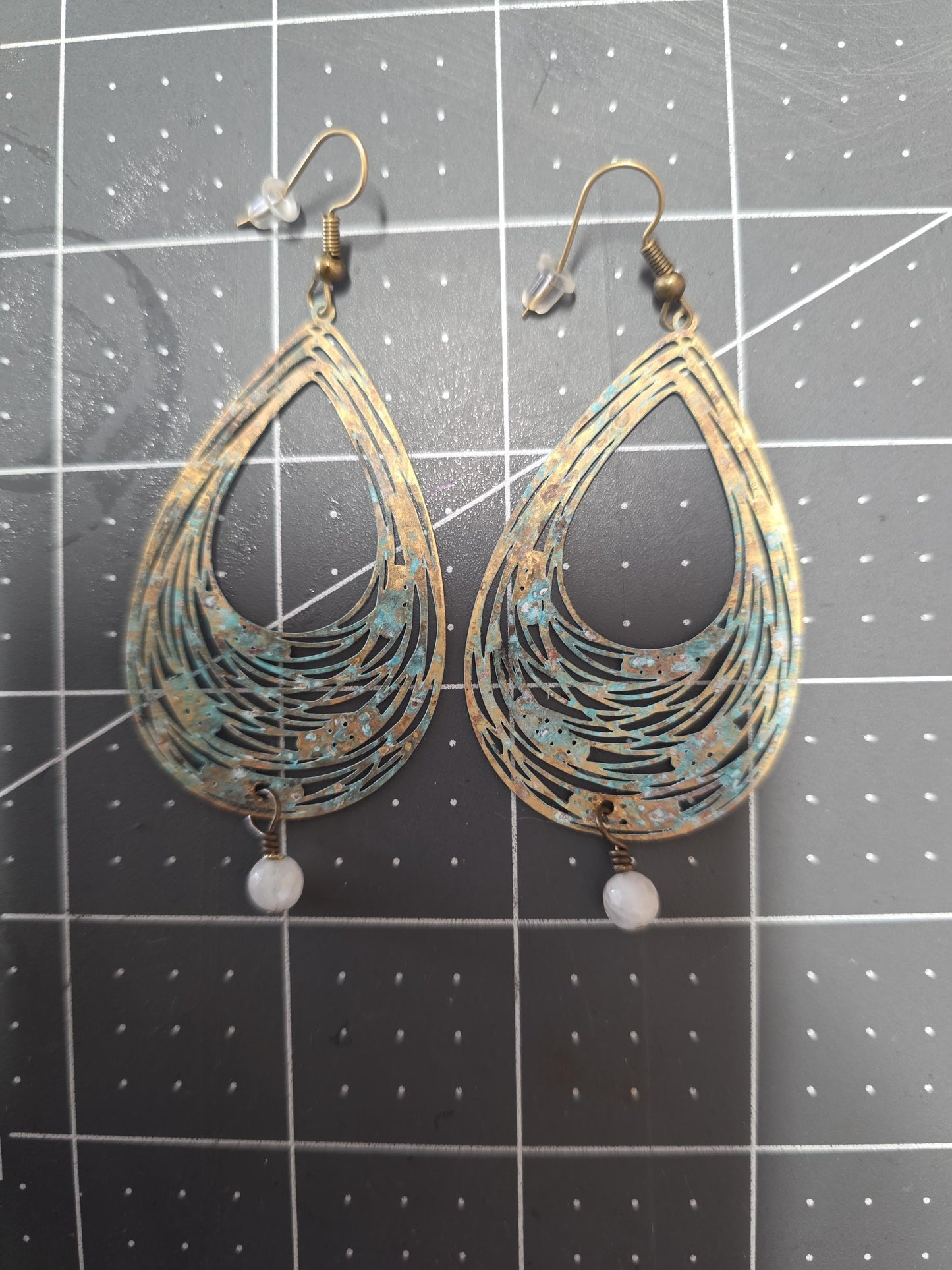 Turquoise Patina Teardrop Earrings, Brass Boho Dangle Earrings with Moonstone, Coastal Statement Earrings, Beachy Hippie Jewelry Gift for He