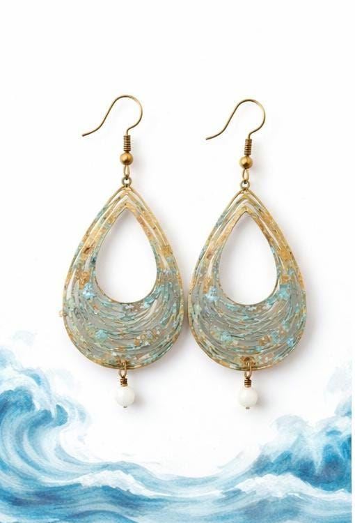 Turquoise Patina Teardrop Earrings, Brass Boho Dangle Earrings with Moonstone, Coastal Statement Earrings, Beachy Hippie Jewelry Gift for He